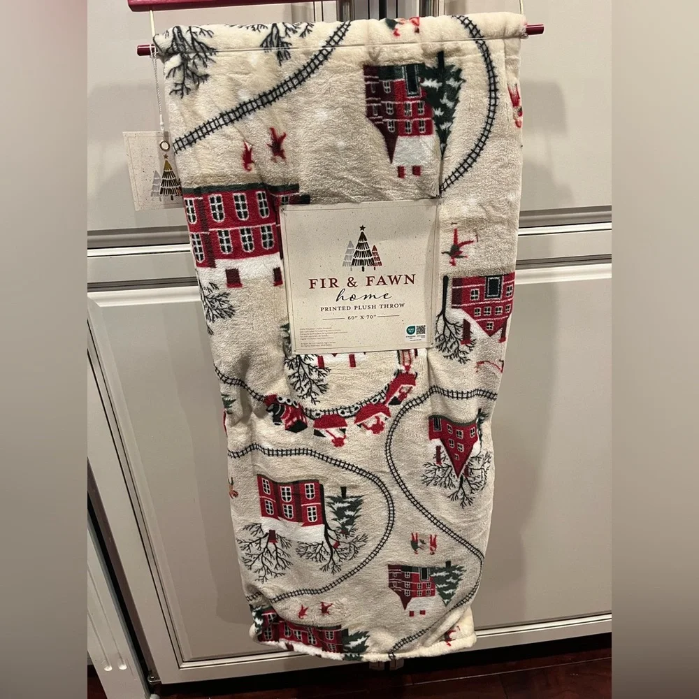 Fur & Fawn Christmas Throw Blanket - Red and Cream Train
